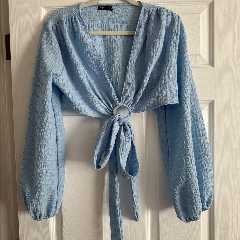 NASTY GAL Blue Long Sleeve Tie-Front Top